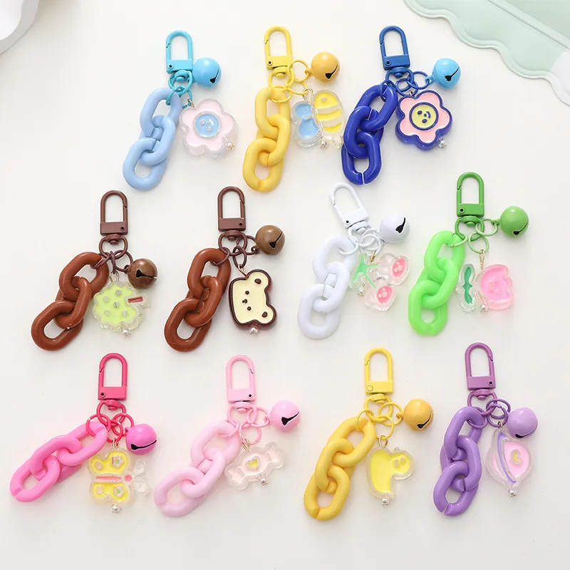 Cute Cartoon Animal Keychain Acrylic Flower Bee Bear Bag Charm With Plastic Chain Colorful Bell Women Kids Gift Decoration