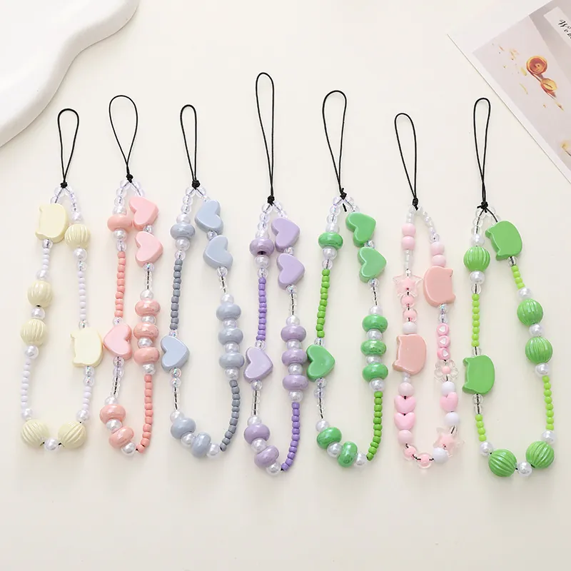 Acrylic Beaded Phone Strap Heart Cat Head Charm Pearlized Anti-lost Wrist Lanyard Kawaii Phone Case Decor For Women