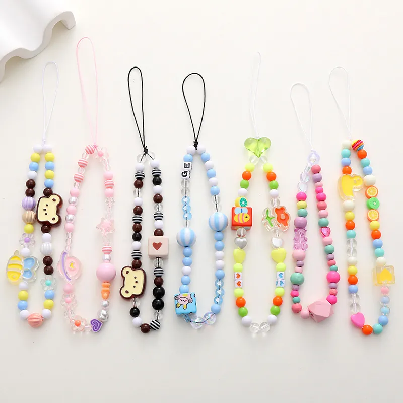 Handmade Beaded Phone Charm Lanyard Acrylic Cartoon Bear Bee Heart Pattern Colorful Anti-Lost Wrist Strap Women Jewelry