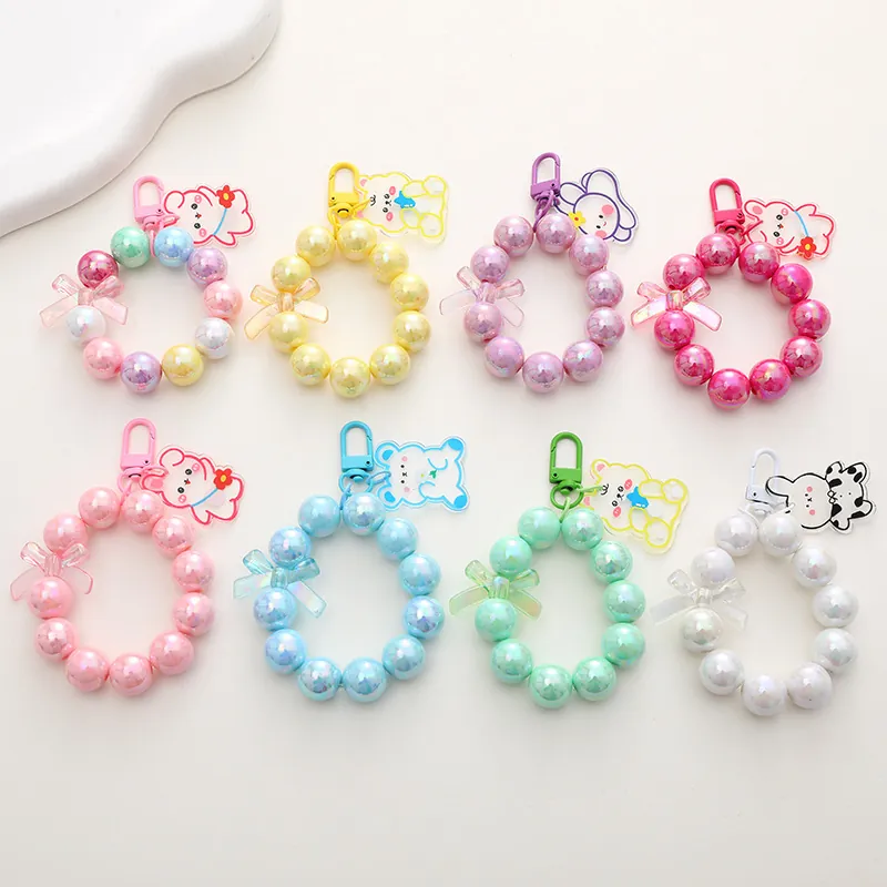 Mermaid Luster Beaded Bear Keychain Sweet Acrylic Girly Heart Bag Pendant For Student Earphone Case Hanging Charm Accessories