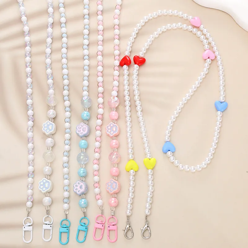 Sweet Beaded Crossbody Phone Chain Faux Artificial Pearl Cat Paw Heart Charm Lanyard For Phone Case Bag Shoulder Strap Women Jewelry