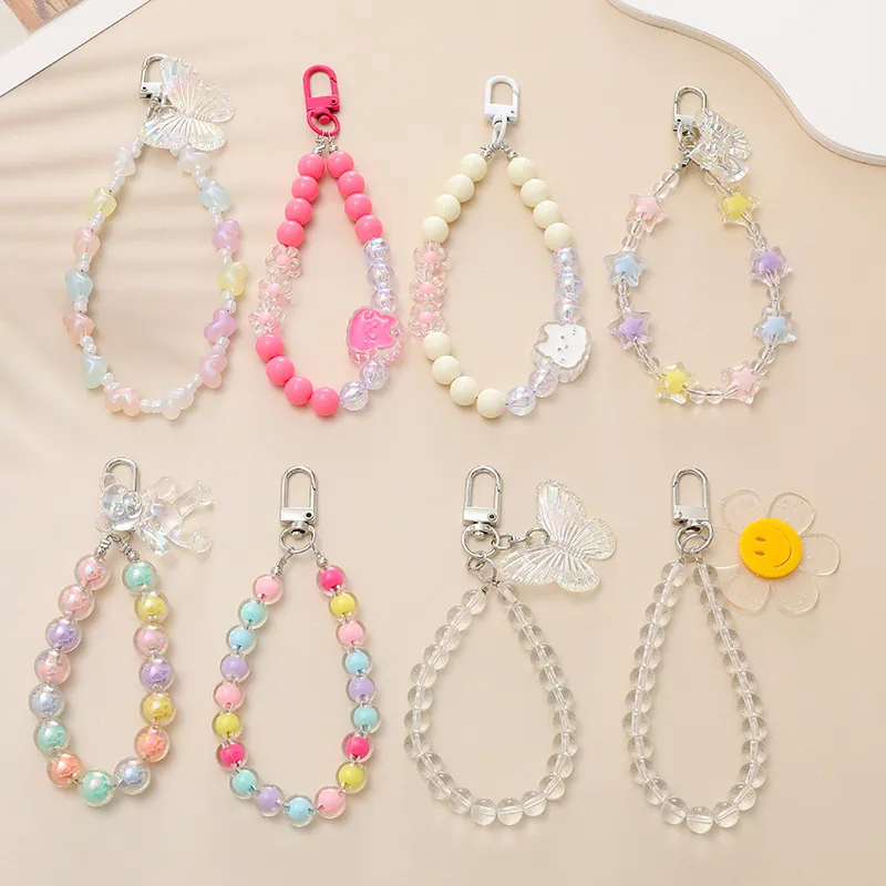 Acrylic Iridescent Beaded Keychain Iridescent Bear Butterfly Bow Charm For Bag Earphone Case Cute Fashion Gift For Women