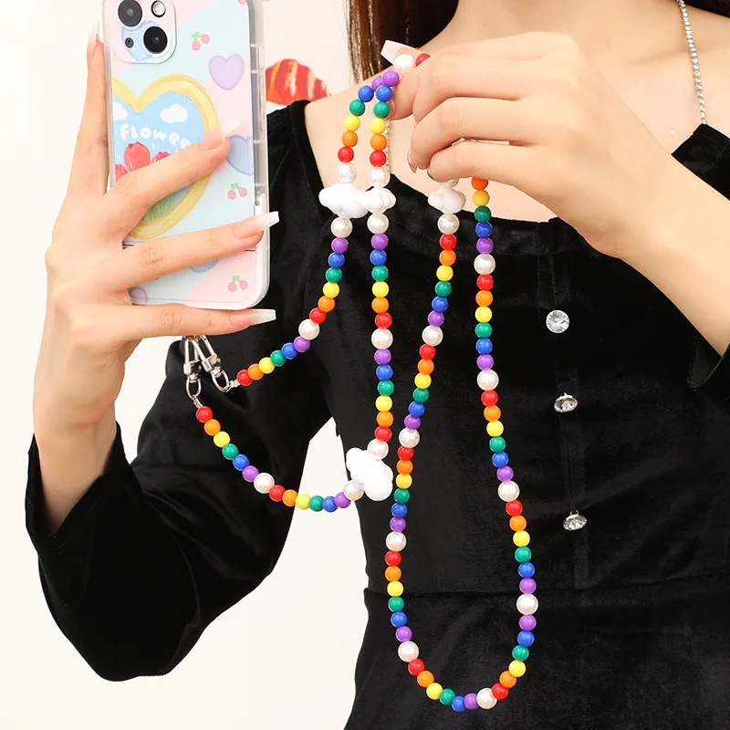 Colorful Rainbow Beaded Phone Lanyard With White Cloud Pendant Crossbody Phone Strap Handmade Resin Bead Chain Jewelry For Women