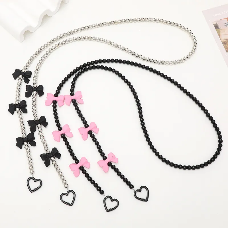Acrylic Beaded Crossbody Bag Strap Phone Lanyard With Bowknot Decor Alloy Heart Buckle JK Style Fashion Decorative Chain