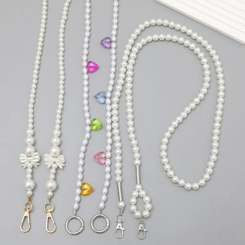 Women Faux Artificial Pearl Phone Lanyard With Bow And Heart Pendant Crossbody Bag Chain Replacement Strap Acrylic Bead Lanyard