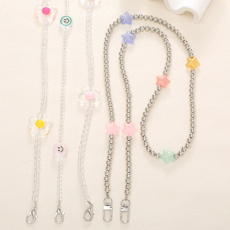 Chaîne de Téléphone Bandoulière en Perles d'Acrylique pour Femmes Motif Floral Smiley Accessoire Multi-Usage pour Sac Boucle en Alliage