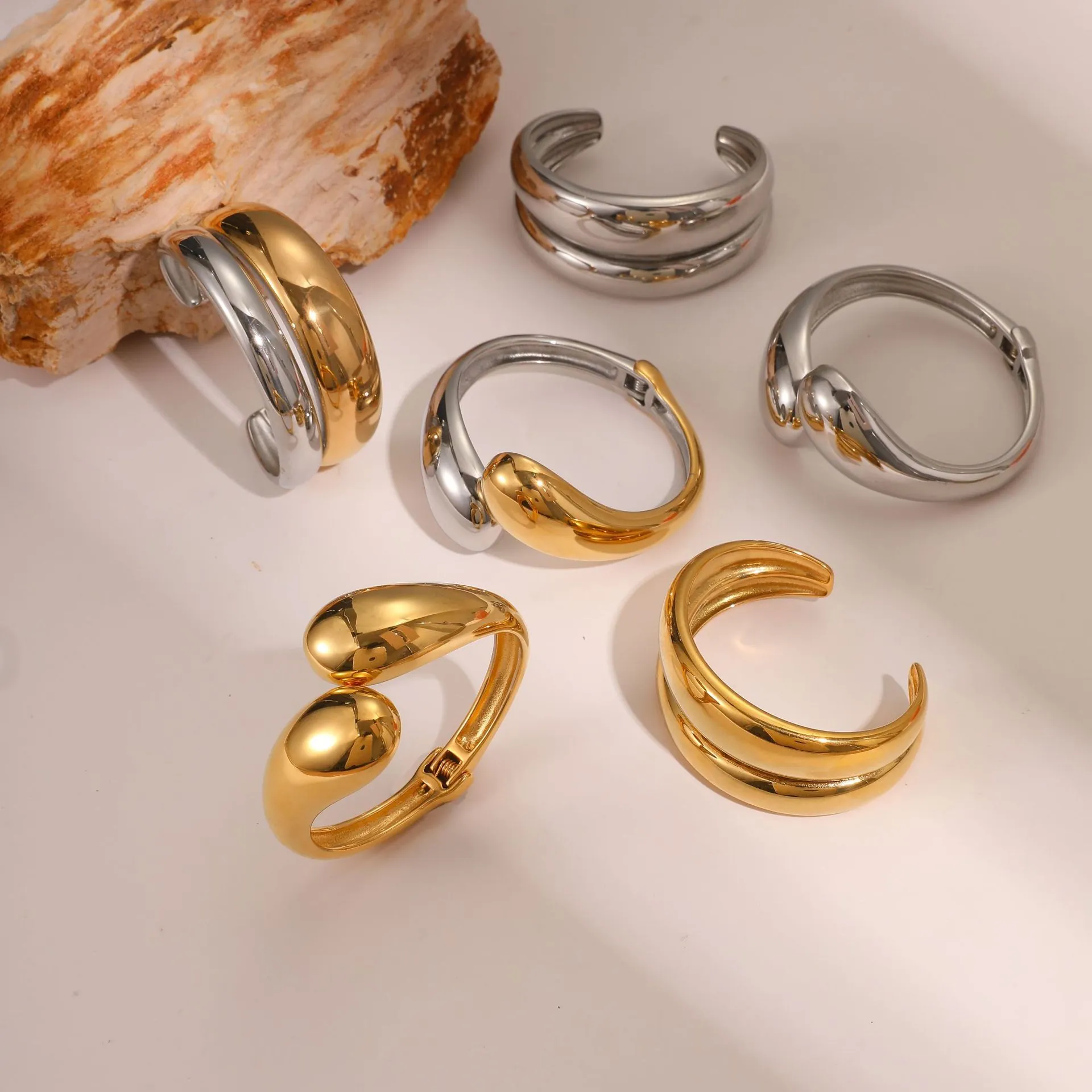 Stainless Steel Waterdrop Open Cuff Bracelet For Women High Polished Gold Silver Plated Geometric Bangle Jewelry Gift