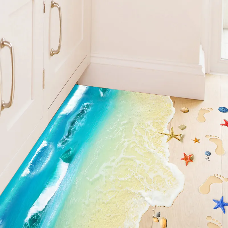3D Visuelle Meereswellen Strand Wandtattoo Wasserdicht PVC Bodenaufkleber Mit Seestern Muscheln Fußabdrücken Heimdekoration