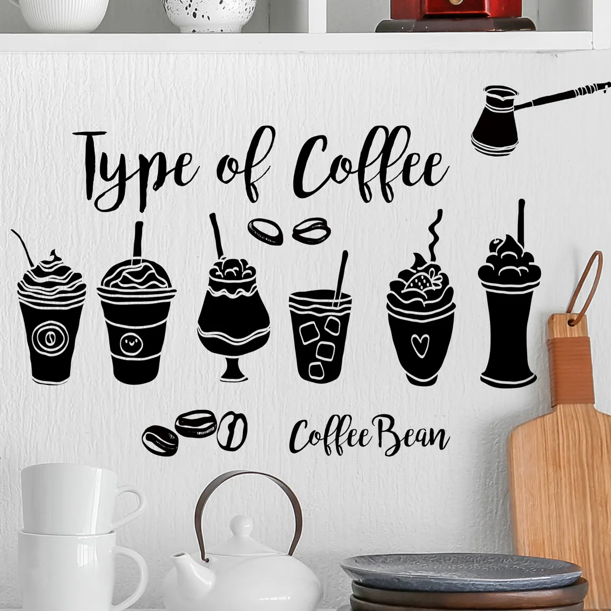 Removable Coffee Cup Wall Stickers Black Silhouette Coffee Bean PVC Decals For Kitchen Dining Room Cafe Restaurant Decor