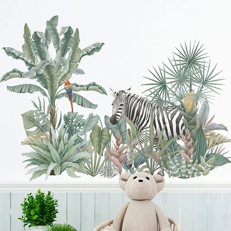 Tropischer Regenwald Wandaufkleber Zebra Papagei Grüne Blätter Pflanzen Wandtattoo PVC Wasserdicht Abnehmbare Deko Für Wohnzimmer
