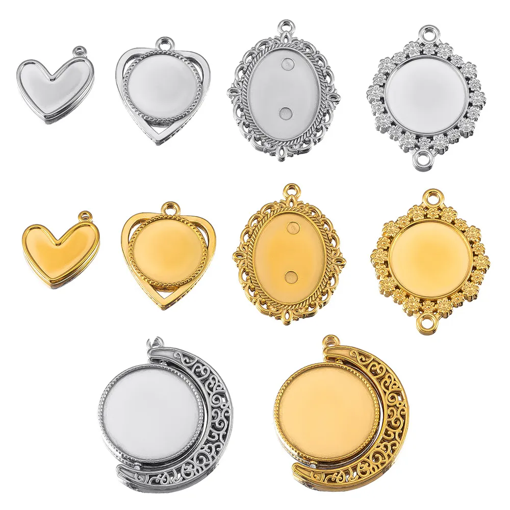 304 Roestvrij Staal DIY Hanger Bezel Trays In Verschillende Vormen Hart Maan Ovaal Rond Voor Ketting Oorbel Sieraden Maken Accessoires