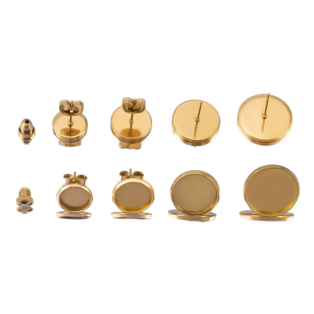 Roestvrij Staal 18K Vergulde Cirkelvormige Dienblad Oorknopjes Instellingen Ronde Blanco Basis Palen Pinnen Met Oorbel Ruggen DIY Sieraden Maken Accessoires