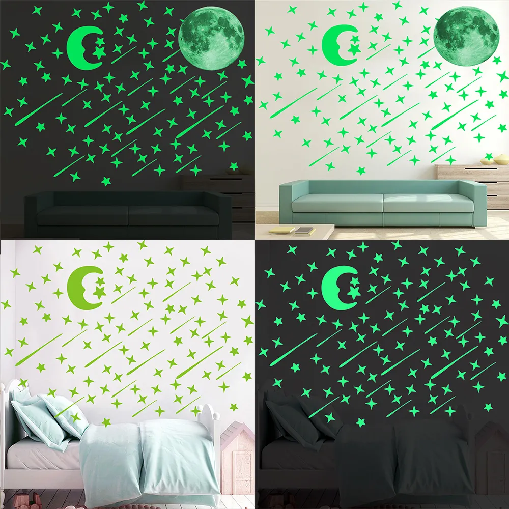 Glow In The Dark Stars Moon Wall Stickers Fluorescent Luminous Ceiling Decals PVC Self-Adhesive Stars Meteor Night Sky Decor For Kids Bedroom