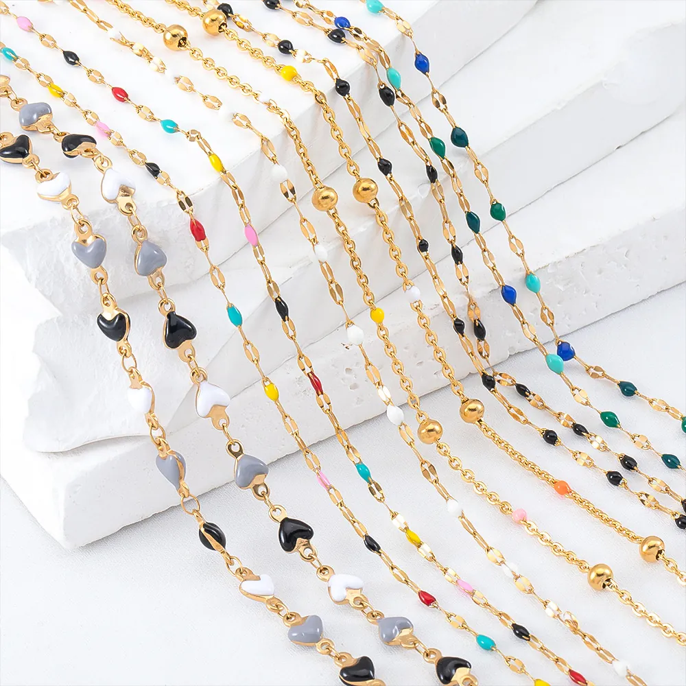 Chaîne de Bijoux DIY en Acier Inoxydable Émail Coloré Coeur Lèvre Papillon Chaîne de Perles pour Collier Bracelet Accessoires Plaquée Or
