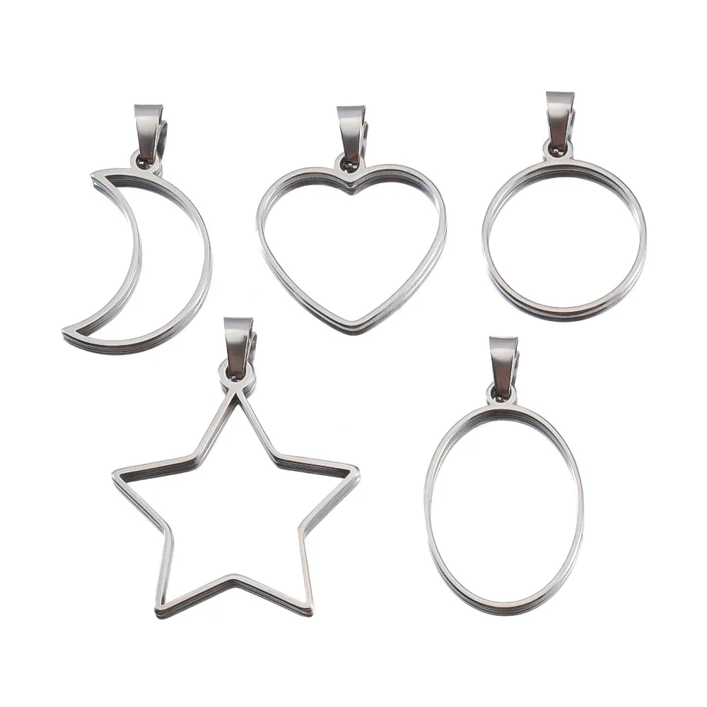Edelstahl Geometrische Offene Lünette Anhänger Rahmen Herz Stern Mond Rund Oval Hohl Basen Für DIY Schmuckherstellung