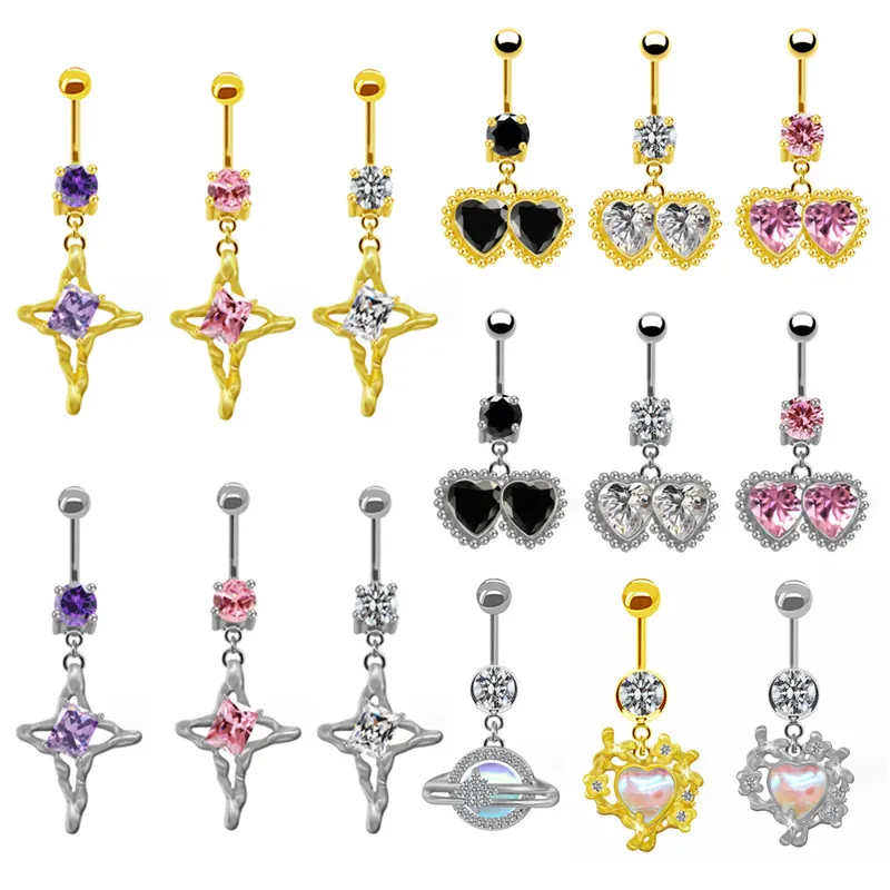Zirkonia Herz Stern Bauchnabelpiercing Kupfer Navelpiercing Schmuck Für Damen Sexy Flüssigmetall Körperschmuck Gold Silber
