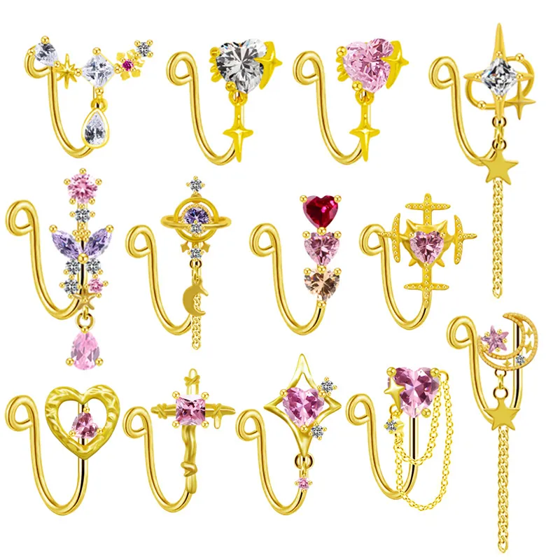 Fake Nose Ring Copper Zirconia Nose Cuff Non Pierced Clip On Nose Ring For Women Men Butterfly Heart Star Starburst Tassel Jewelry