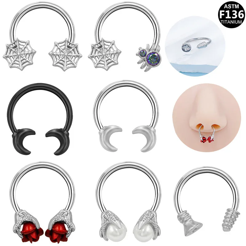 F136 Titanium Septum Clicker Horseshoe Ring Gothic Spider Web Rose Moon Faux Pearl Body Piercing Jewelry For Women Men