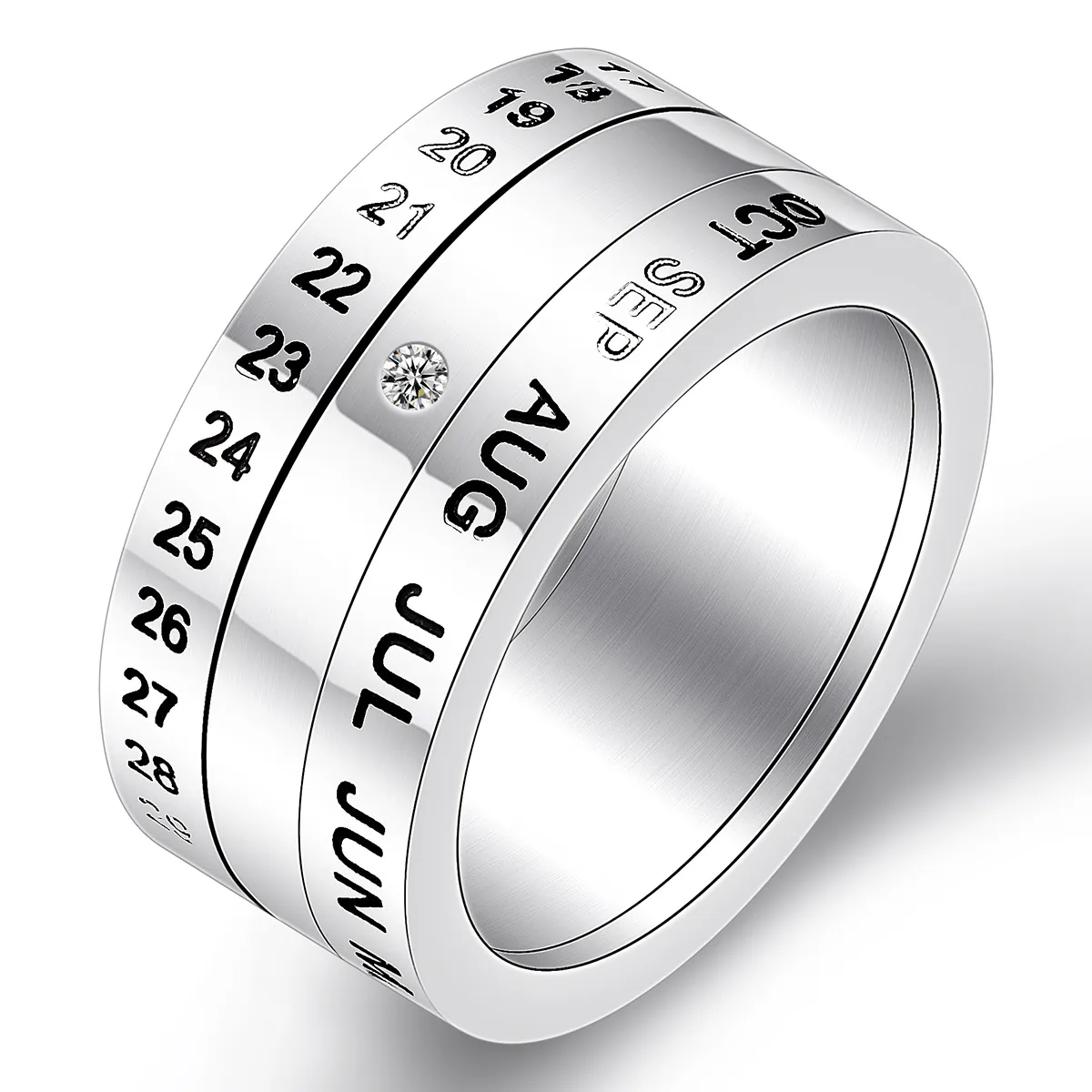 Stainless Steel Calendar Spinner Ring For Men Women Rotating Date Month Letters Numeral Band Fashion Finger Jewelry Gift
