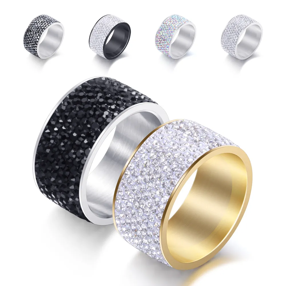 Bague Large en Acier Inoxydable avec Strass pour Femmes Hommes Multi Rangs Incrustés Géométrique Bijoux de Mode
