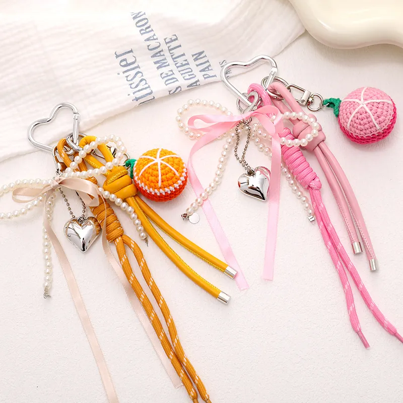 Handmade Crochet Fruit Bag Charm Keychain With Heart Metal Clasp Faux Artificial Pearl Satin Bow Phone Lanyard For Women Bag Decor