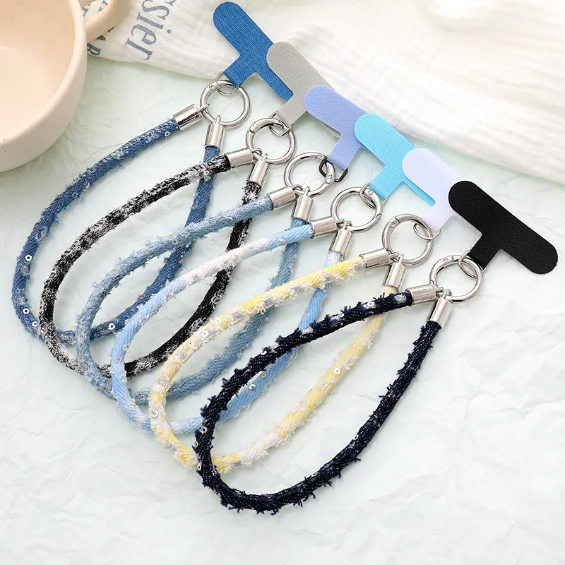 Fashion Denim Sequin Phone Strap Anti-Lost Wrist Keychain Braided Phone Chain For Women Handbag Accessories Jewelry