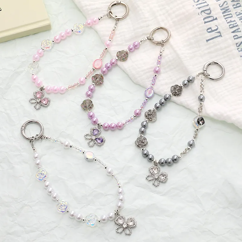 Fashion Rose Flower Artificial Pearl Beaded Phone Chain Short Butterfly Charm Elegant Bag Pendant For Women Jewelry Accessories