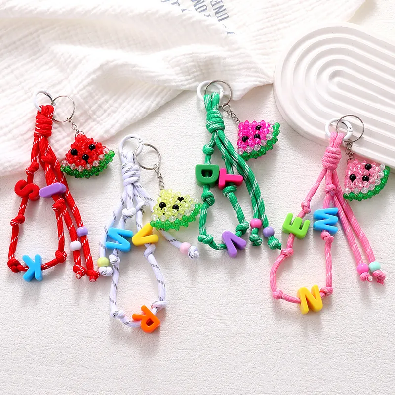 Handmade Braided Letter Phone Lanyard Watermelon Pendant Bag Charm Acrylic Beads Wrist Strap Phone Accessory For Women