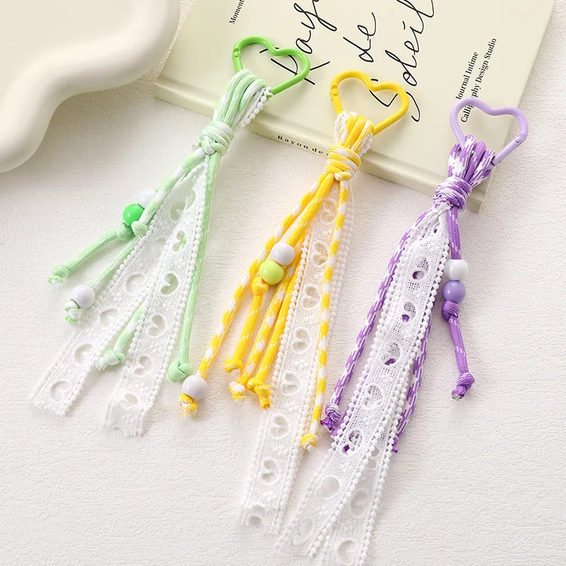 Fashion Lace Hollow Heart Braided Rope Bag Pendant Sweet Acrylic Beaded Keychain Handmade Phone Strap For Women Jewelry