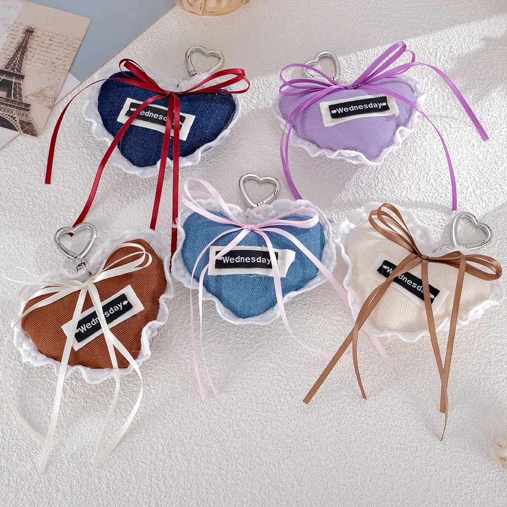 Korean Sweet Denim Heart Bag Pendant With White Lace Ribbon Bow Heart Shaped Metal Hook Keychain For Women Jewelry