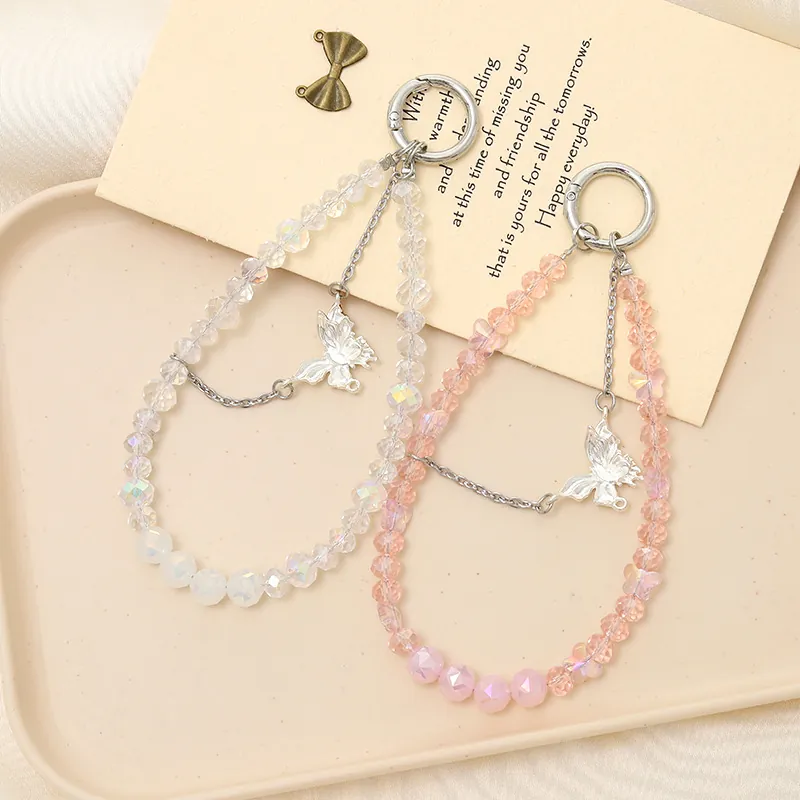 Portachiavi con Farfalla in Perline di Cristallo Ciondolo per Borsa a Doppia Catena Cordino per Cellulare alla Moda Accessorio Donna