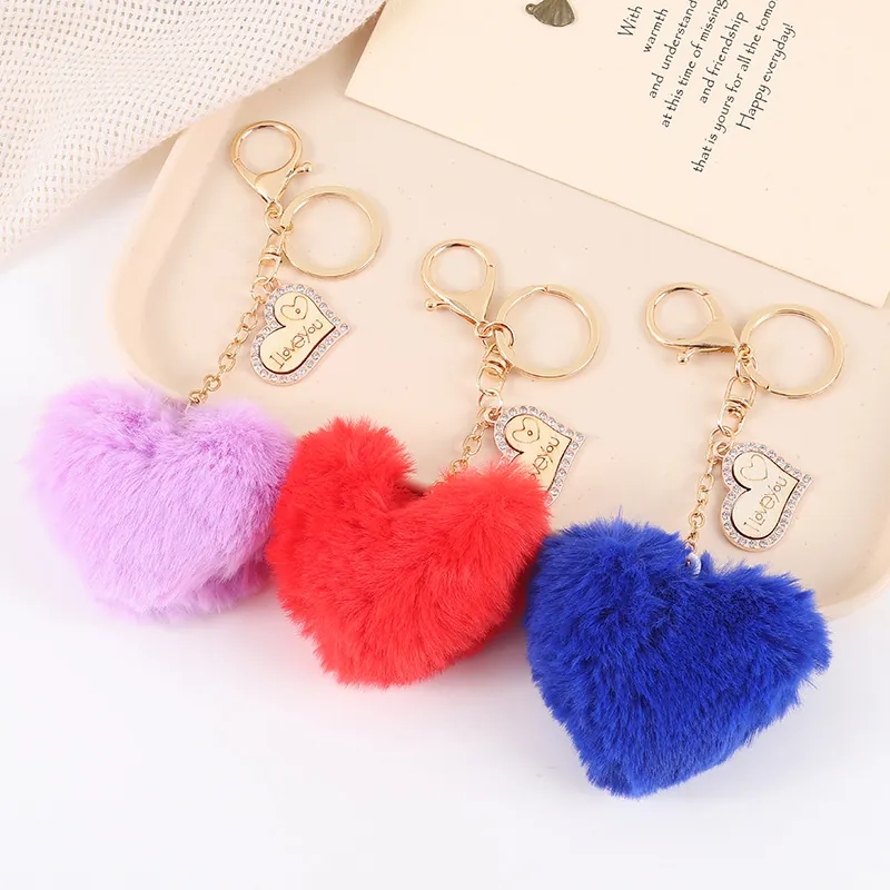 Plush Heart Keychain Rex Rabbit Fur I Love You Engraved Heart Pendant Rhinestone Bag Charm Accessory Keyring For Women