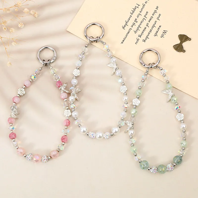 Fashion Beaded Phone Lanyard Wrist Strap Crystal Butterfly Rose Flower Charm Keychain For Women Bag Decor Jewelry Gift