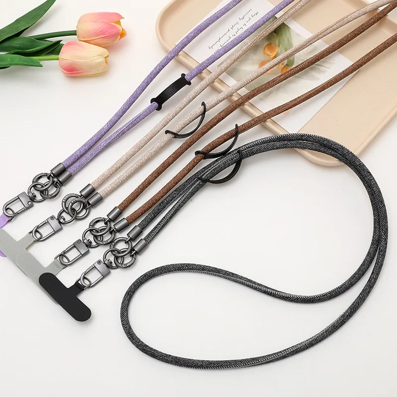 Denim PU Leather Crossbody Phone Lanyard Braided Strap With Patch Anti-Lost Neck Hanging Chain For Women Fashion Jewelry