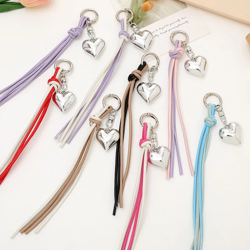Fashion PU Leather Braided Rope Heart Tassel Keychain For Women Bag Charm Versatile Heart Shape Metal Pendant Accessory