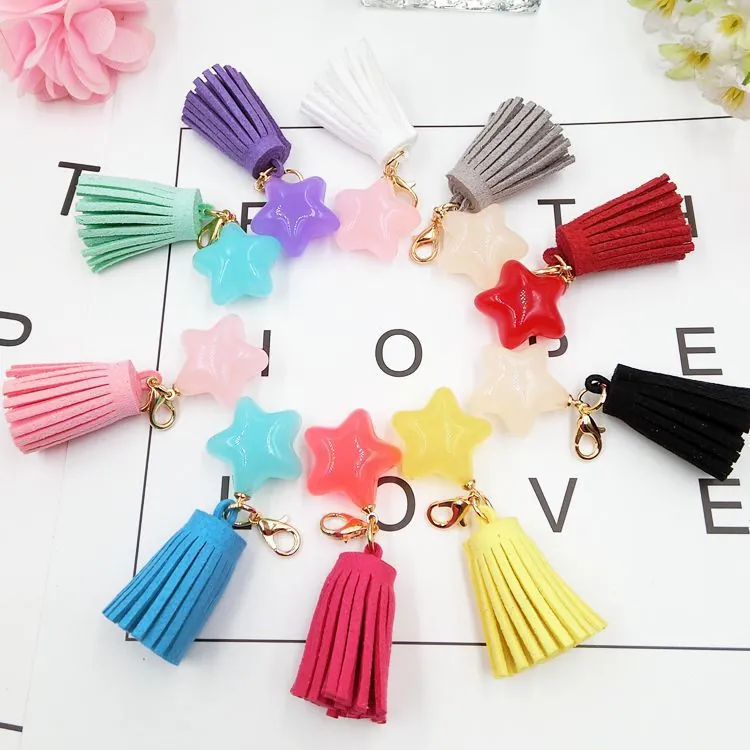 Candy Color Star Tassel Charm Acrylic Star Suede Tassel Keychain For Bags Mobile Phone Case DIY Accessories Women Girls Gift