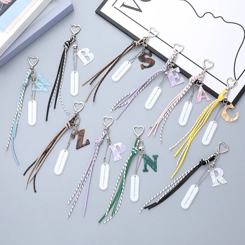 Fashion Initial Letter Keychain Braided Rope Bag Charm Heart Metal Clasp Tassel Keyring Marble Texture Pendant Ornament