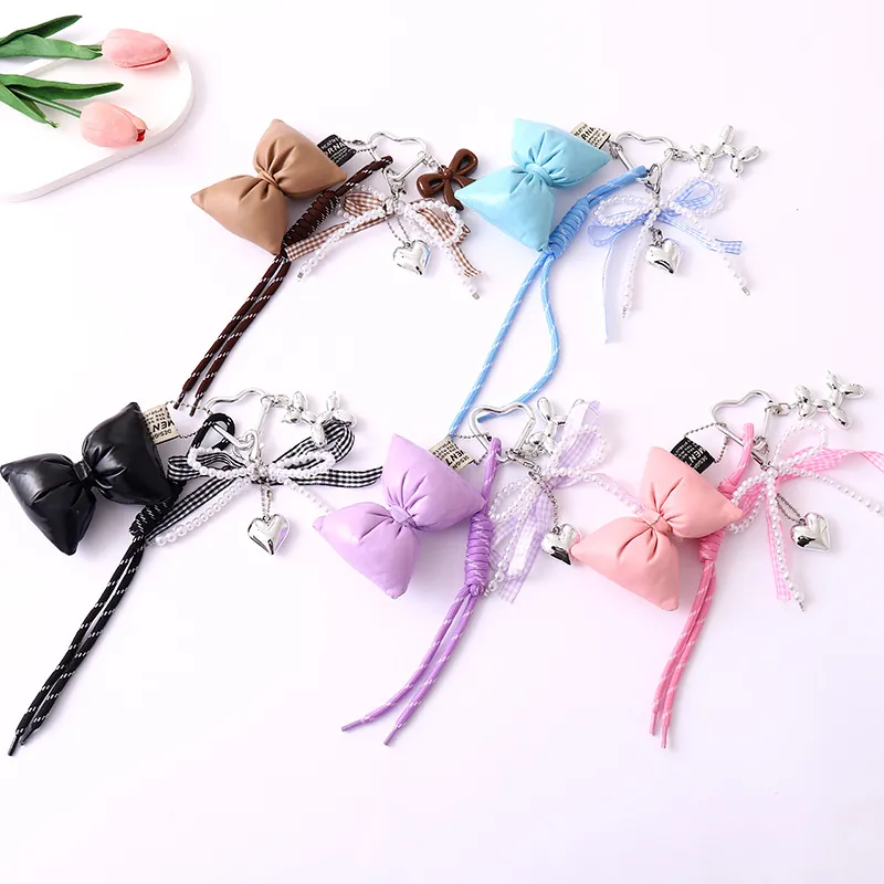 Women Fashion PU Leather Bow Bag Charm With Artificial Pearl Heart Balloon Dog Keychain Braided Rope Handbag Pendant Accessory