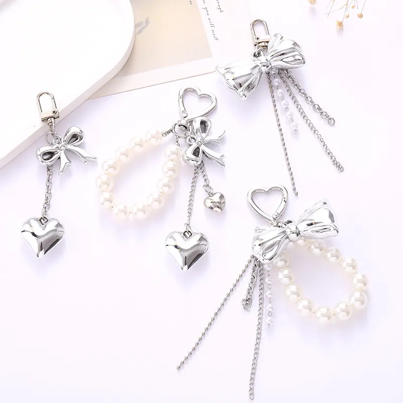 Ins Style Faux Artificial Pearl Bow Heart Keychain For Women Sweet Elegant Bag Charm Silver Tone Alloy Pendant Decorative Accessories