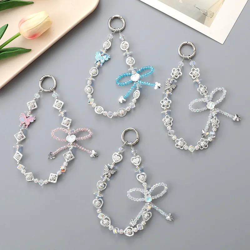 Portachiavi con Fiocco e Farfalla Fatto a Mano Ciondolo per Borsa di Lusso con Strass e Perla Artificiale Ciondolo in Metallo Donna