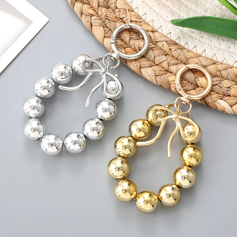 Korean Fashion Beaded Bowknot Keychain Alloy Artificial Pearl Bag Charm Elegant Metallic Beads Phone Case Hanging Ornament For Women