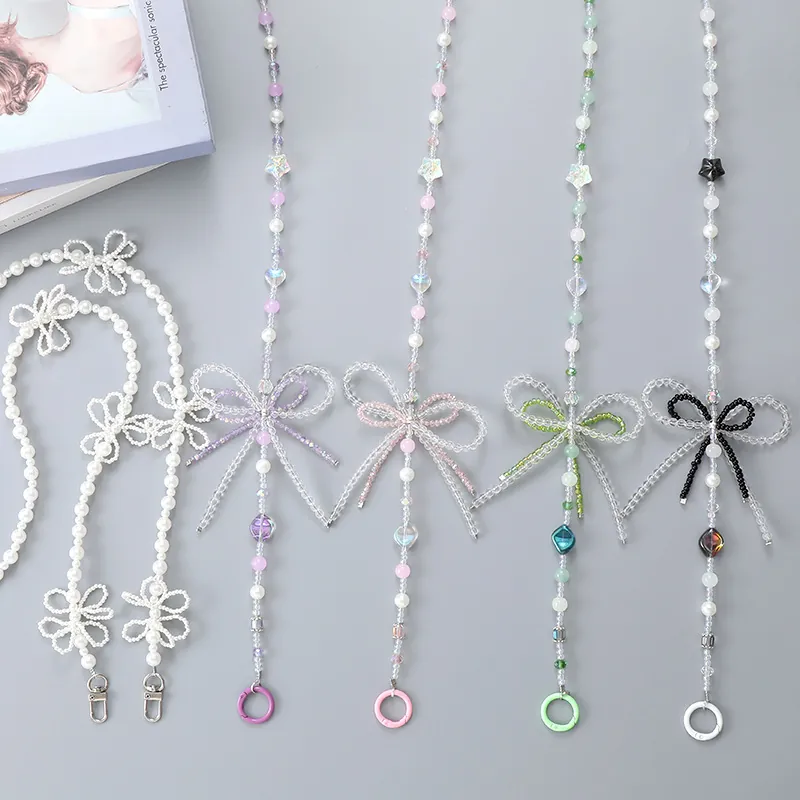 Handmade Beaded Phone Lanyard Crossbody Chain With Bow Heart Star Acrylic Beads Universal Fashion Phone Case Accessory For Women