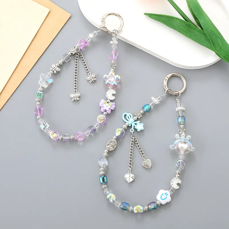 Acrylic Beaded Bear Keychain Heart Star Moon Pendant Handmade Wristlet Anti-Lost Phone Charm Bag Accessory Jewelry Gift
