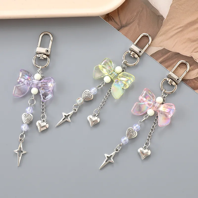 Kawaii Iridescent Acrylic Bow Keychain Sweet Beaded Bag Pendant Heart Star Charm Accessory For Women Girls Bag Decor