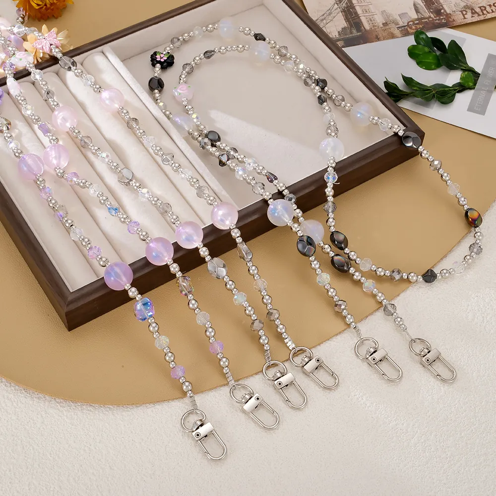 Handmade Beaded Crossbody Lanyard Butterfly Flower Charm Mobile Phone Bag Accessory Strap Women Fashion Jewelry