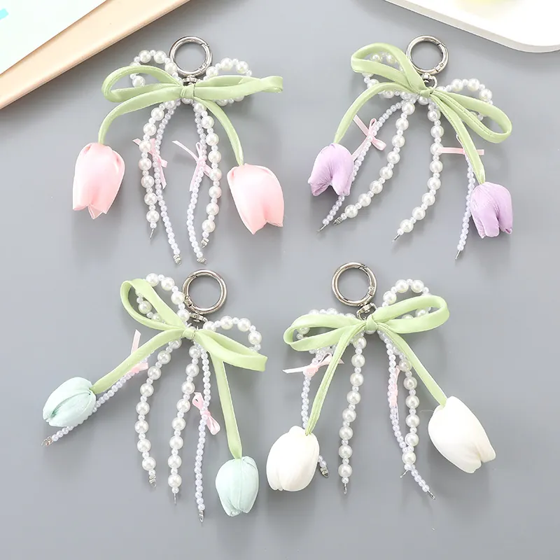 Bijou de Sac Élégant Künstliche Perles Nœud Tulipe Doux Ruban de Satin Porte-clés Floral pour Femmes Accessoires de Décoration de Sac à Main Cadeau