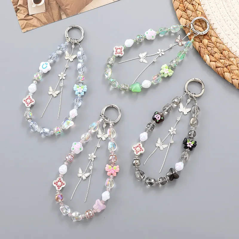 Charme de Téléphone Fait Main en Perles Papillon et Gland Porte-Clés Femme Acrylique Fleur Pendentif de Sac Décoratif