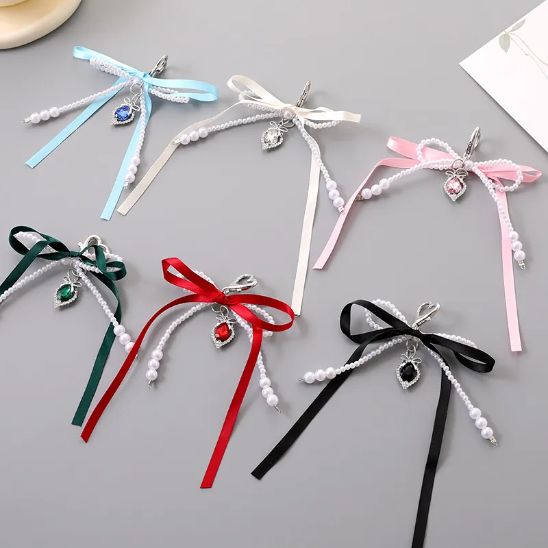 Doppel Satin Schleife Schlüsselanhänger Mit Künstliche Perlenimitat Wassertropfen Anhänger Süß Koreanisch Taschenanhänger Damen Schmuck