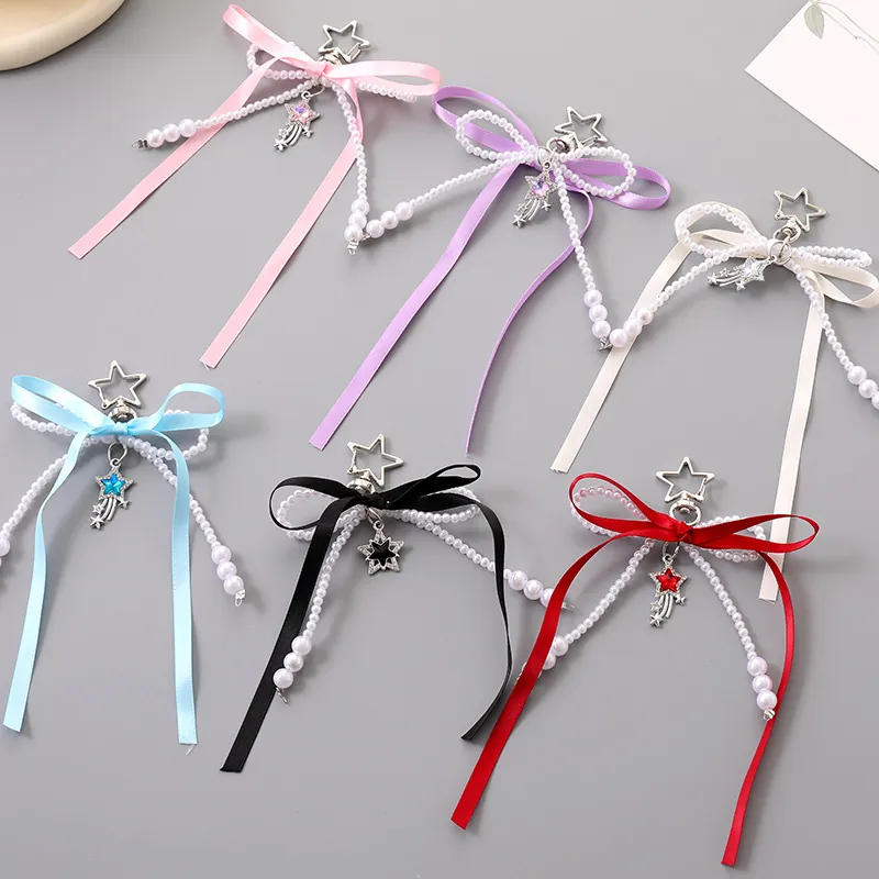 Fashion Satin Bow Faux Artificial Pearl Keychain For Women Alloy Star Meteor Crystal Pendant Bag Charm Versatile Jewelry Accessory