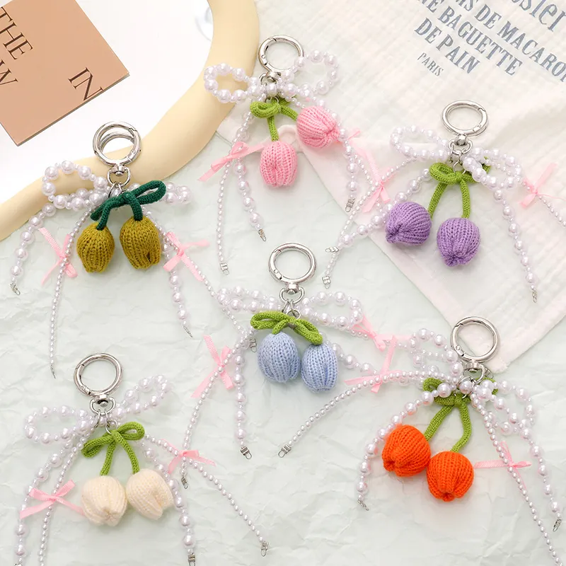 Porte-clés Fleur de Tulipe en Tricot Fait Main Avec Nœud en Künstliche Perles pour Femmes Pendentif de Sac Bijoux de Charme de Téléphone